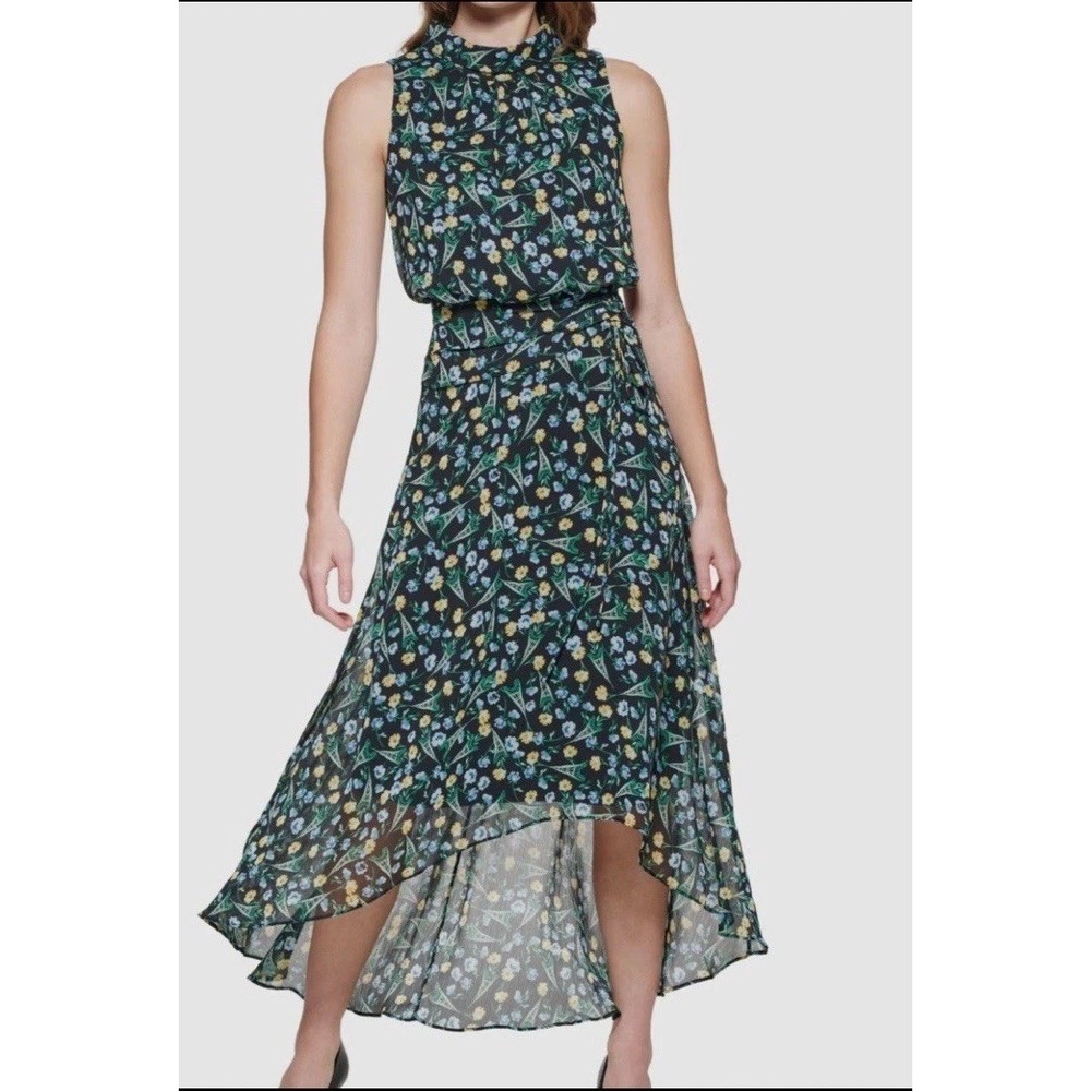 Karl Lagerfeld Paris Chiffon Eiffel Tower Floral Maxi Dress | Ruched | Size 10